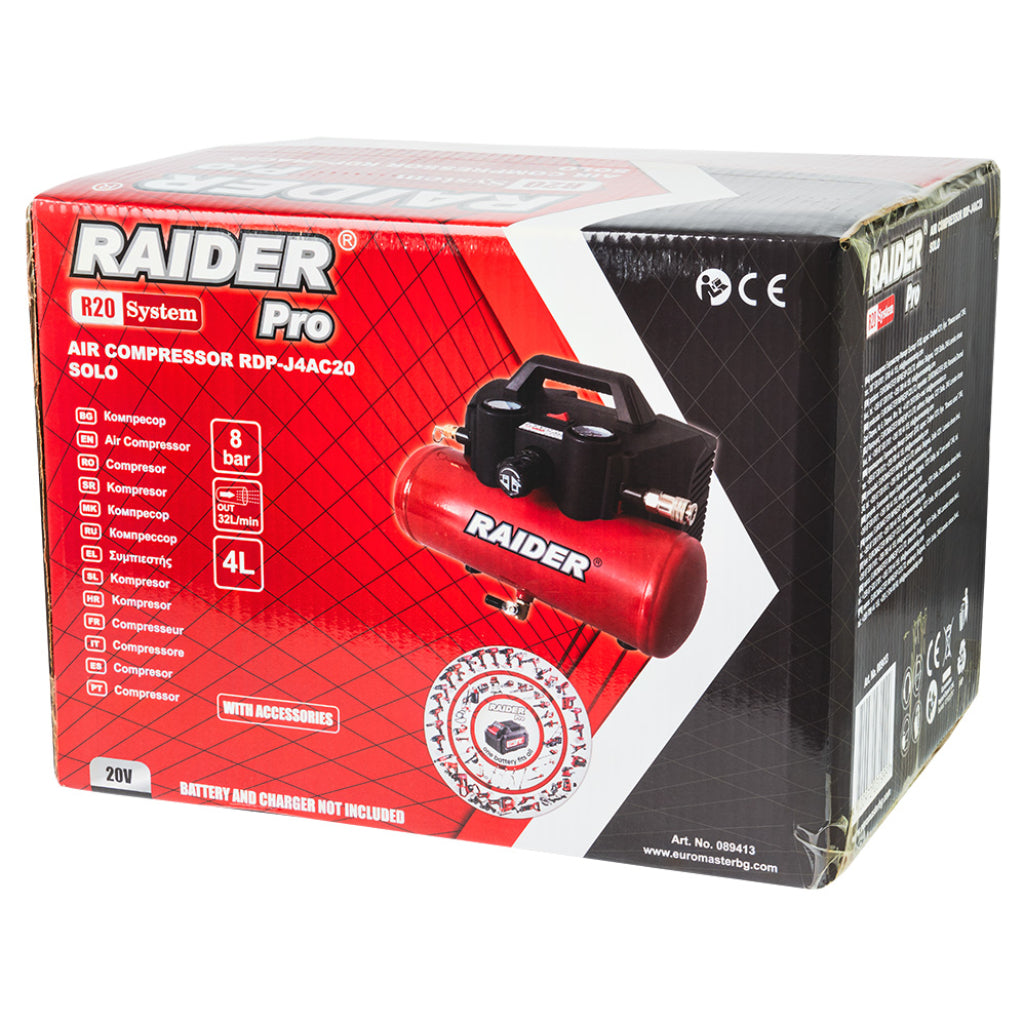 Raider R20 Compresor aer 20V cu butelie de 4L 32L/min 8bar SOLO RDP-J4AC20