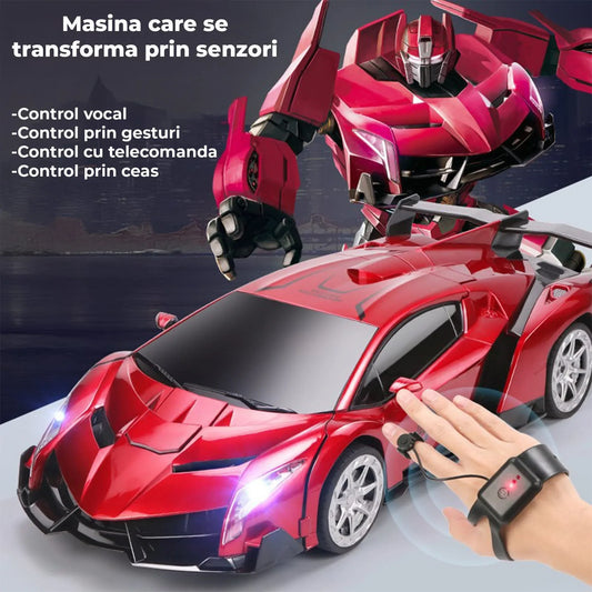 Masina cu Telecomanda Transformabila in Robot Timebox, Rotire 360°, Control Vocal si prin Gesturi, 2,4Ghz, Lumini si Sunete controlabile, 2 baterii tip acumulator reincarcabile, Jucarie Cadou pentru Copii 5+ Ani, Rosu - 221.ro