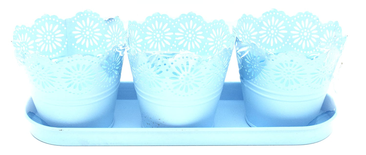 Set 3 ghivece cu tava, din metal, albastre, D2603