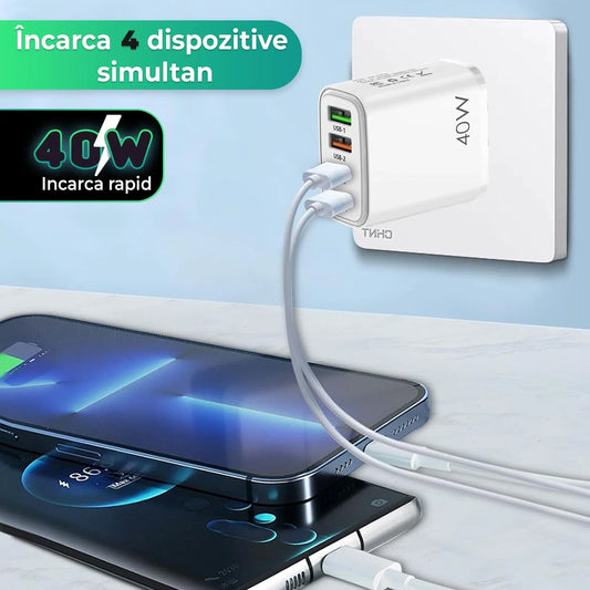 Incarcator Retea Timebox, 4 Porturi, 40W, 2 x Type-C, 2 x USB, Alb