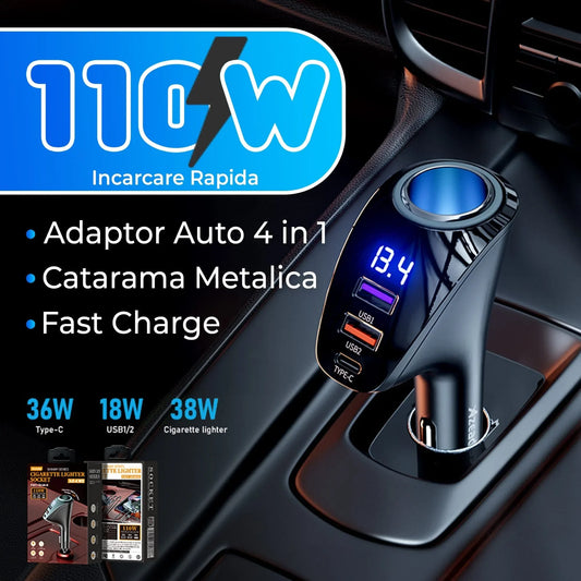 Adaptor priza Timebox, incarcator auto 4 in 1 multiplicator, 110W, 1 x soclu auto, 2 x USB, 1 x USB-C, afisaj display, Negru - 221.ro