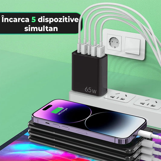 Incarcator Retea, 65W, 5 Porturi, 3 x USB, 2 x Type-C, Negru