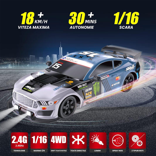 Masina cu telecomanda RC, Timebox, Drift car, 20km/h, lumini LED, cauciucuri interschimbabile, 2 baterii tip acumulator incluse, 1:16, Gri/Albastru