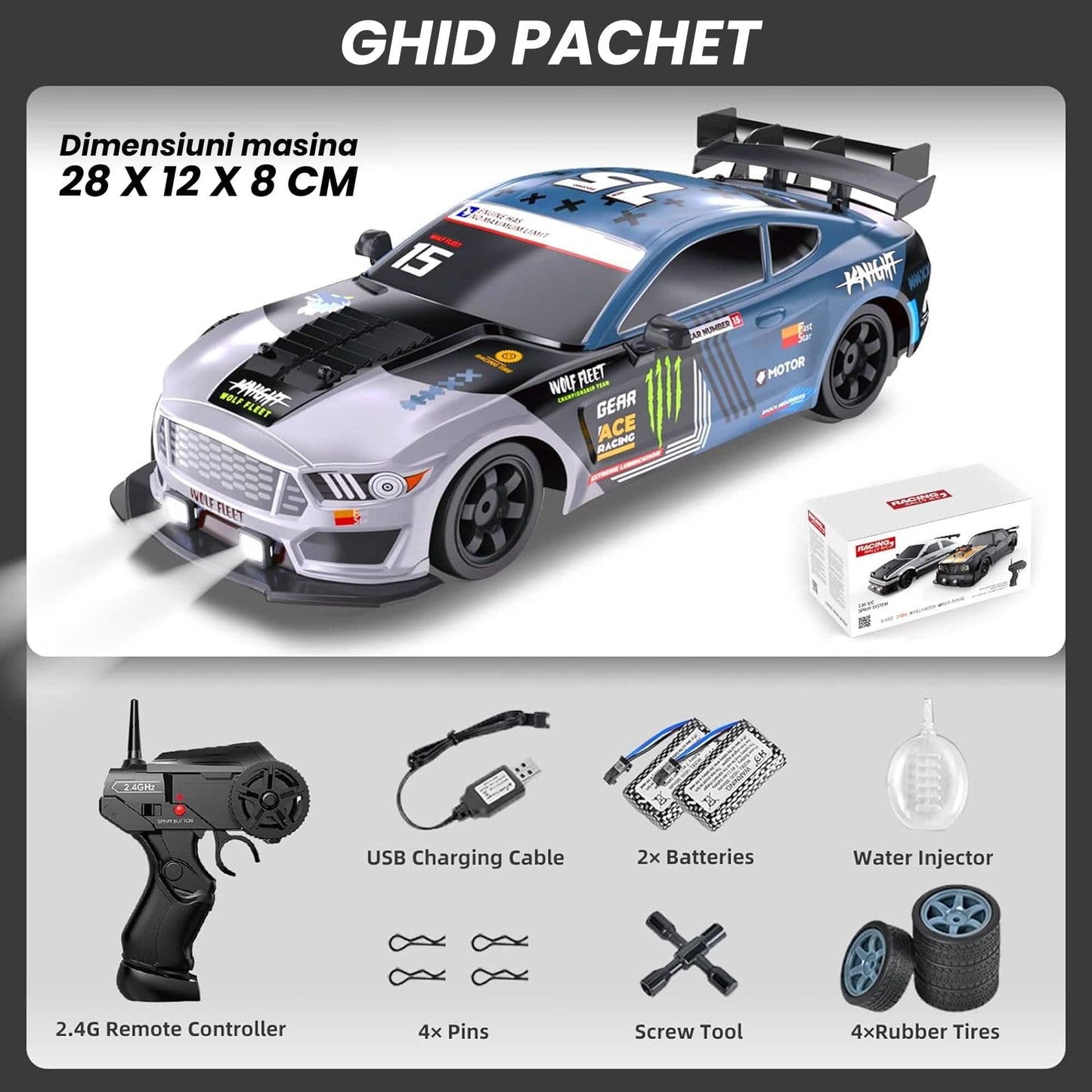 Masina cu telecomanda RC, Timebox, Drift car, 20km/h, lumini LED, cauciucuri interschimbabile, 2 baterii tip acumulator incluse, 1:16, Gri/Albastru