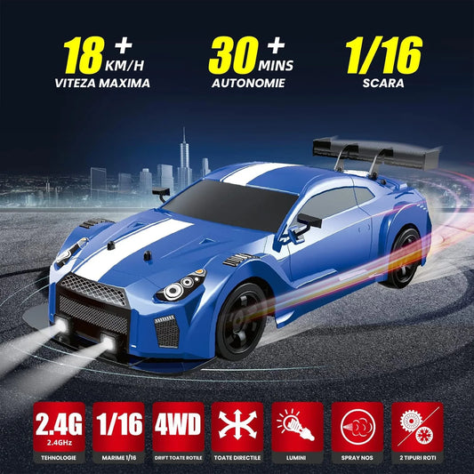 Masina cu telecomanda RC Timebox, 20km/h, 1:16, Drift car, lumini LED, Albastru