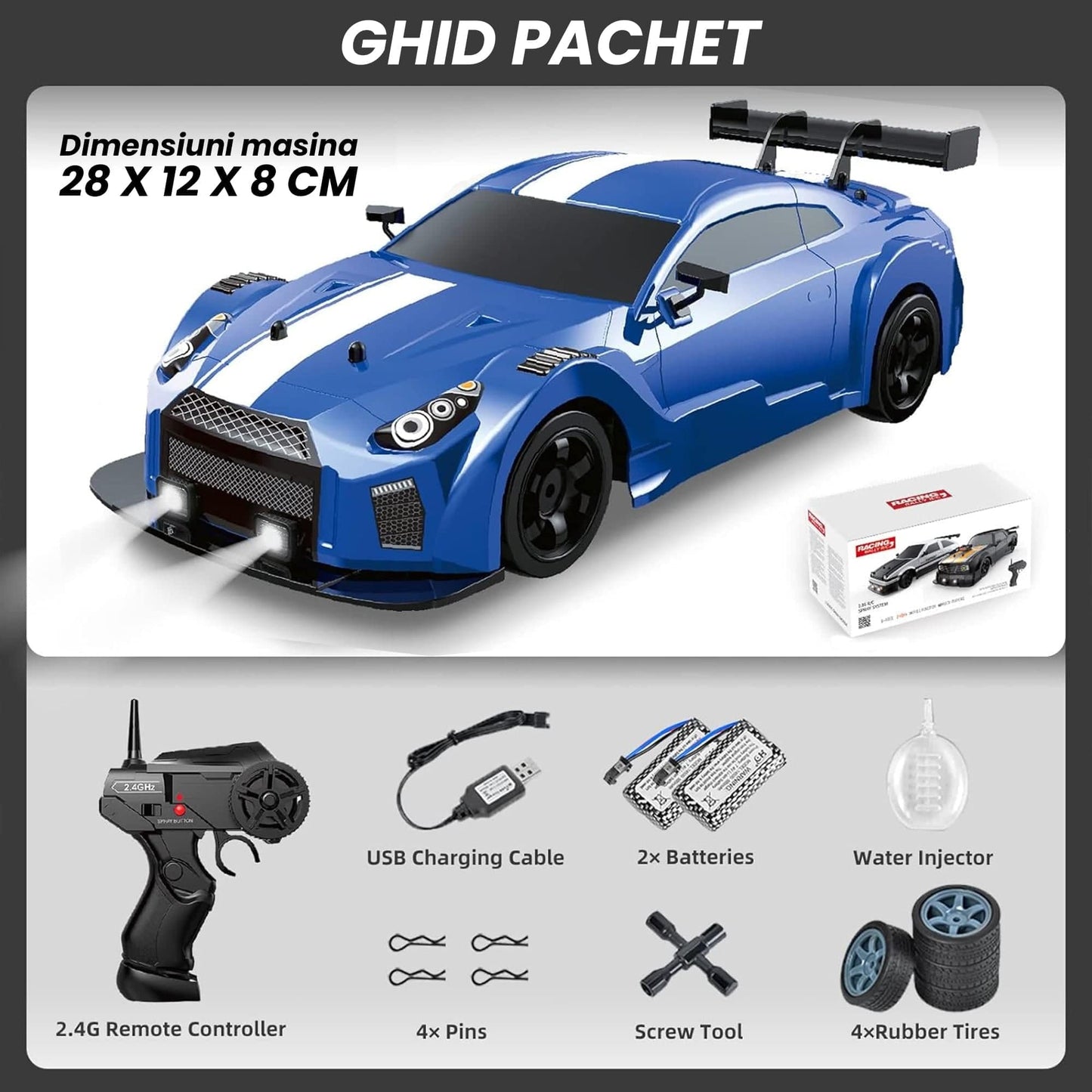 Masina cu telecomanda RC, Timebox, Drift car, 20km/h, lumini LED, cauciucuri interschimbabile, 2 baterii tip acumulator incluse, 1:16, Albastru