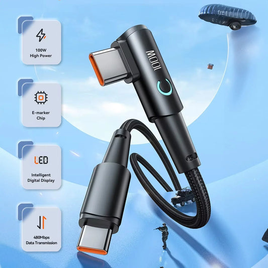 Cablu de Incarcare si Transfer de Date, Timebox, Fast Charge 100W, Unghi 90°, 480Mbps, 2m, LED Inteligent, USB-C la Type-C, Compatibil Macbook, Android, Samsung, Huawei, Xiaomi, Negru - 221.ro