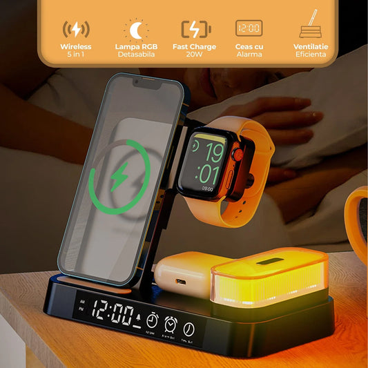 Incarcator Wireless 5 in 1, 20W, multifunctional, lampa de noapte detasabila