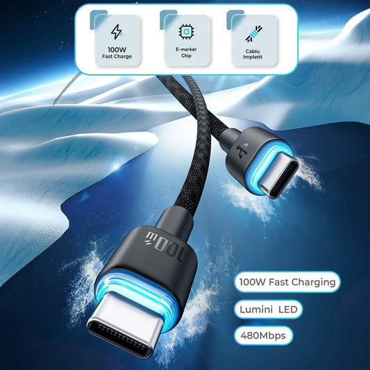Cablu de Incarcare si Transfer de Date 100W Timebox, USB-C la Type-C, 2m, Negru