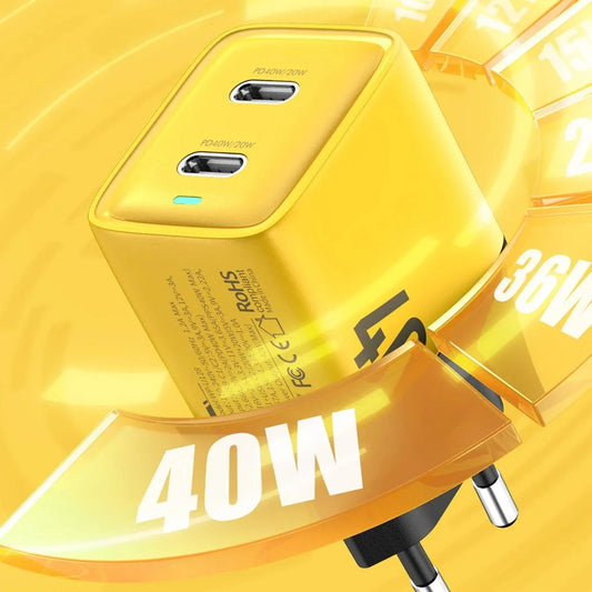 Incarcator Retea Timebox, 2 Porturi, 40W, 2 x Type-C, LED, Galben