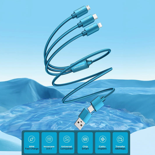 Cablu de Incarcare 6 in 1, Timebox, Fast Charge 100W, 1m, USB si USB-C la Type-C, Lightning, MicroUSB, Turcoaz - 221.ro