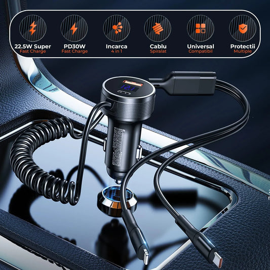Incarcator auto Timebox, Super Fast-Charge 52,5W, 1 x USB QC 3,0, 1 x USB-C, 1 x Cablu Spiralat Lightning, 1 x Type-C, LED Inteligent, Universal, Negru - 221.ro