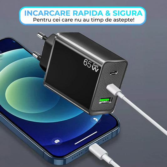Incarcator Retea Timebox, 3 Porturi, 65W, 2 x Type-C, 1 x USB, Negru