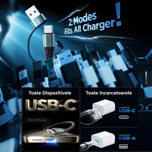 Cablu de incarcare 2 in 1 si transfer de date Fast Charge 65W, 2m, USB-C, Negru