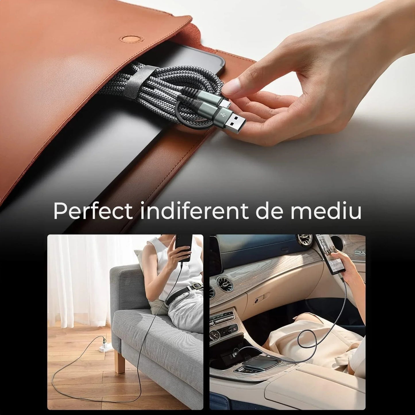 Cablu de incarcare 2 in 1 si transfer de date Fast Charge 65W, 2m, USB-C, Negru