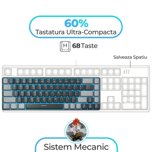 Tastatura Mecanica Gaming Timebox, 60%, Lumini LED, 68 taste, cu cablu Type-C, Red Swtich, Portabila, Negru Gri - 221.ro