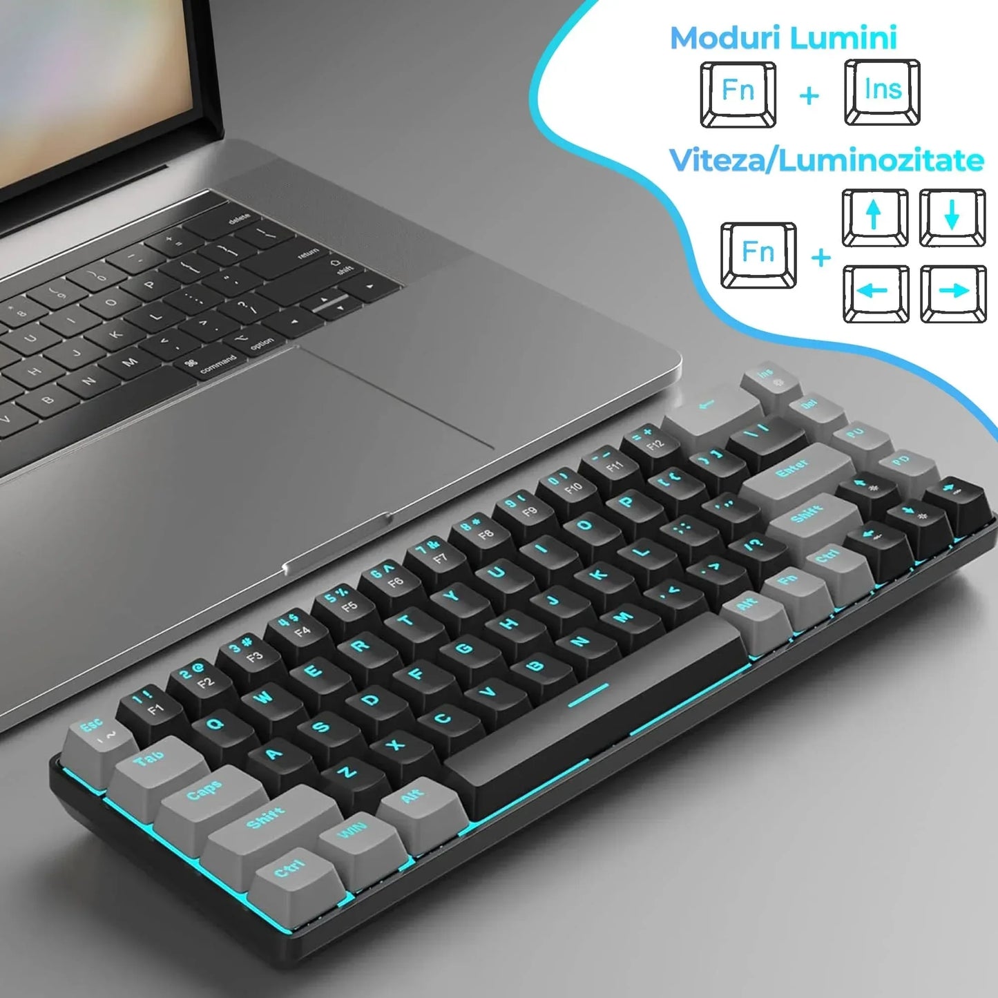 Tastatura Mecanica Gaming Timebox, 60%, Lumini LED, 68 taste, cu cablu Type-C, Red Swtich, Portabila, Negru Gri - 221.ro