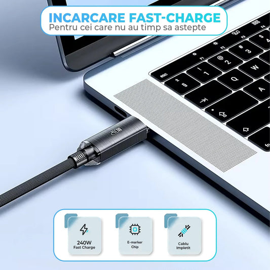 Cablu de Incarcare si Transfer de Date, Timebox, Super Fast-Charge 240W, 2m, Nylon, USB-C la Type-C, Negru - 221.ro