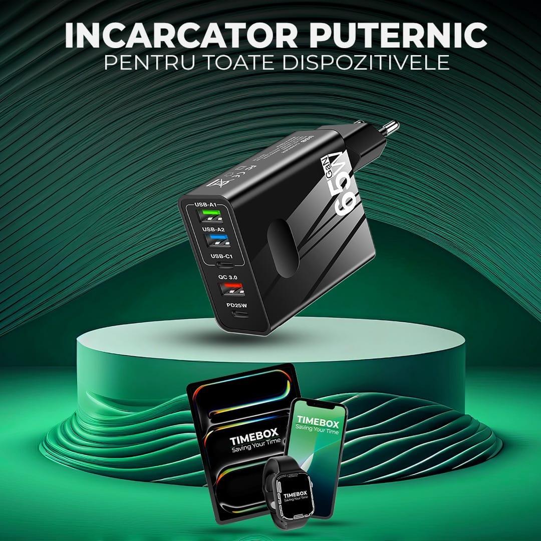 Incarcator Retea Timebox, 5 Porturi, 65W, 3 x USB, 2 x Type-C, QC 3, Negru