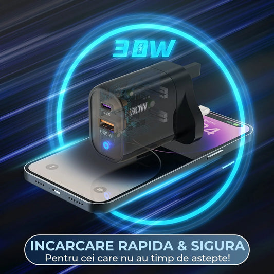Incarcator Retea Timebox, 2 Porturi, 30W, 1 x USB, 1 x Type-C, Transparent