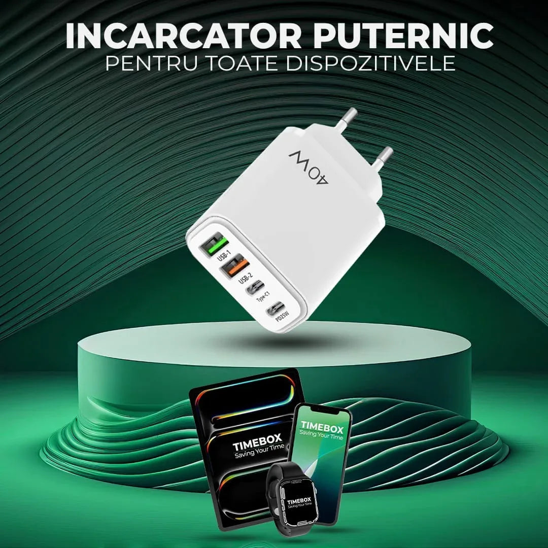 Incarcator Retea Timebox, 4 Porturi, 40W, 2 x Type-C, 2 x USB, Alb