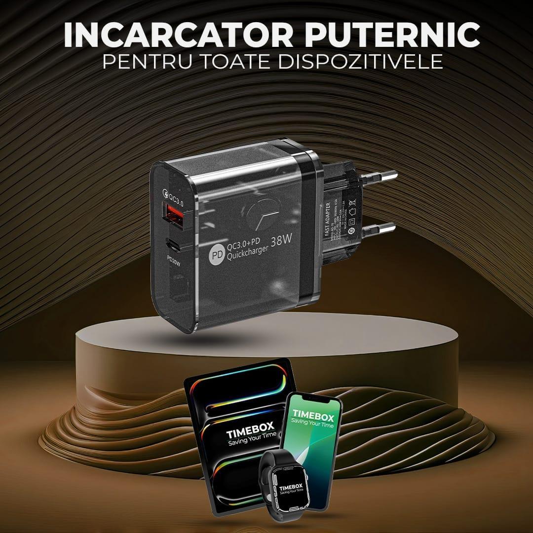 Incarcator Retea Timebox, 2 Porturi, 38W, 1 x Type-C, 1 x USB , C 3, Negru