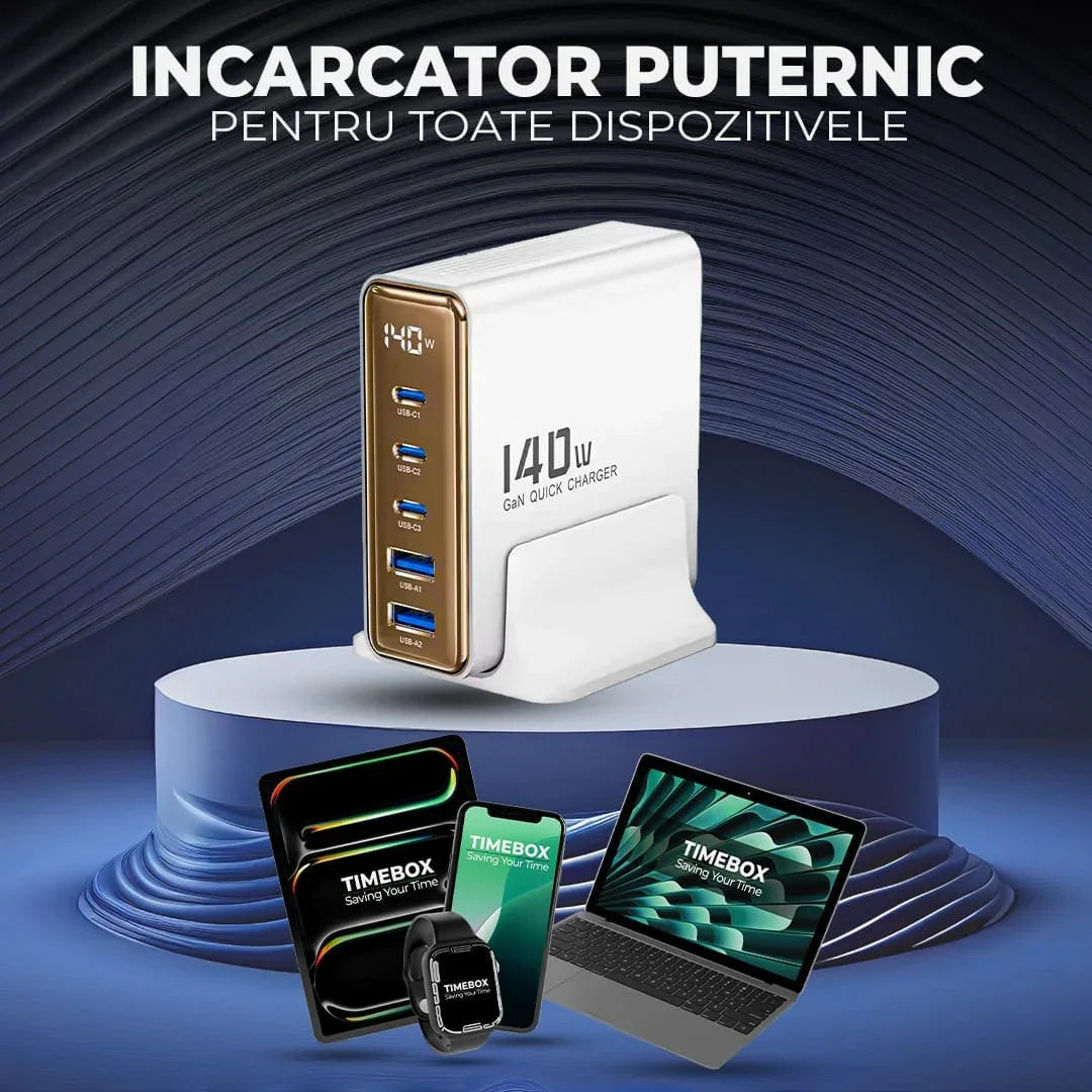 Incarcator Retea Timebox, 5 Porturi, 140W, 3 x Type-C, 2 x USB, Auriu