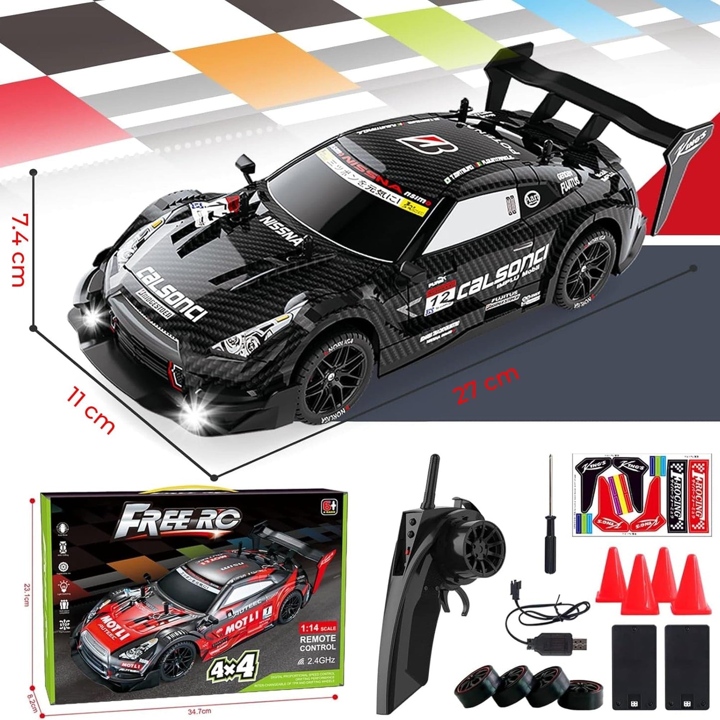 Masina cu telecomanda RC, Timebox, Drift car, 30km/h, 4x4, lumini LED, cauciucuri interschimbabile, 2 baterii tip acumulator incluse, 1:16, Negru - 221.ro