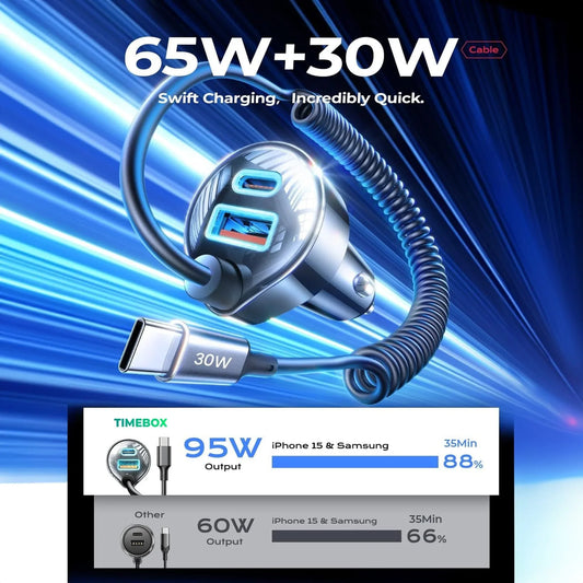 Incarcator auto Timebox, Super Fast-Charge 65W, 1 x USB QC 3,0, 1 x USB-C, 1 x Cablu Spiralat Type-C, LED Inteligent, Universal, Compatibil iPhone 15, Samsung, Huawei, Negru - 221.ro