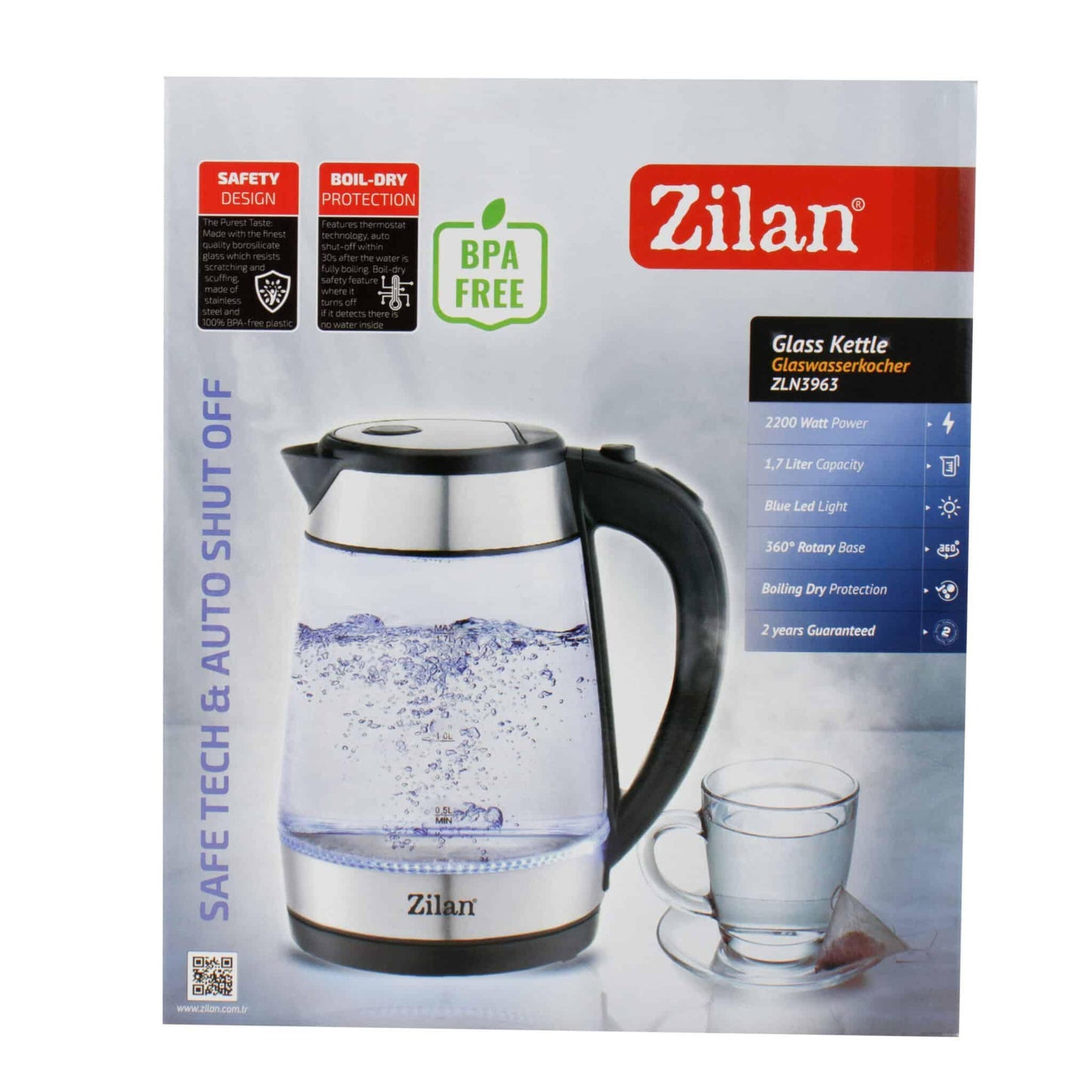 Fierbator electric sticla Zilan cu iluminare LED, 1.7l, 2200W / ZLN 3963 - 221.ro