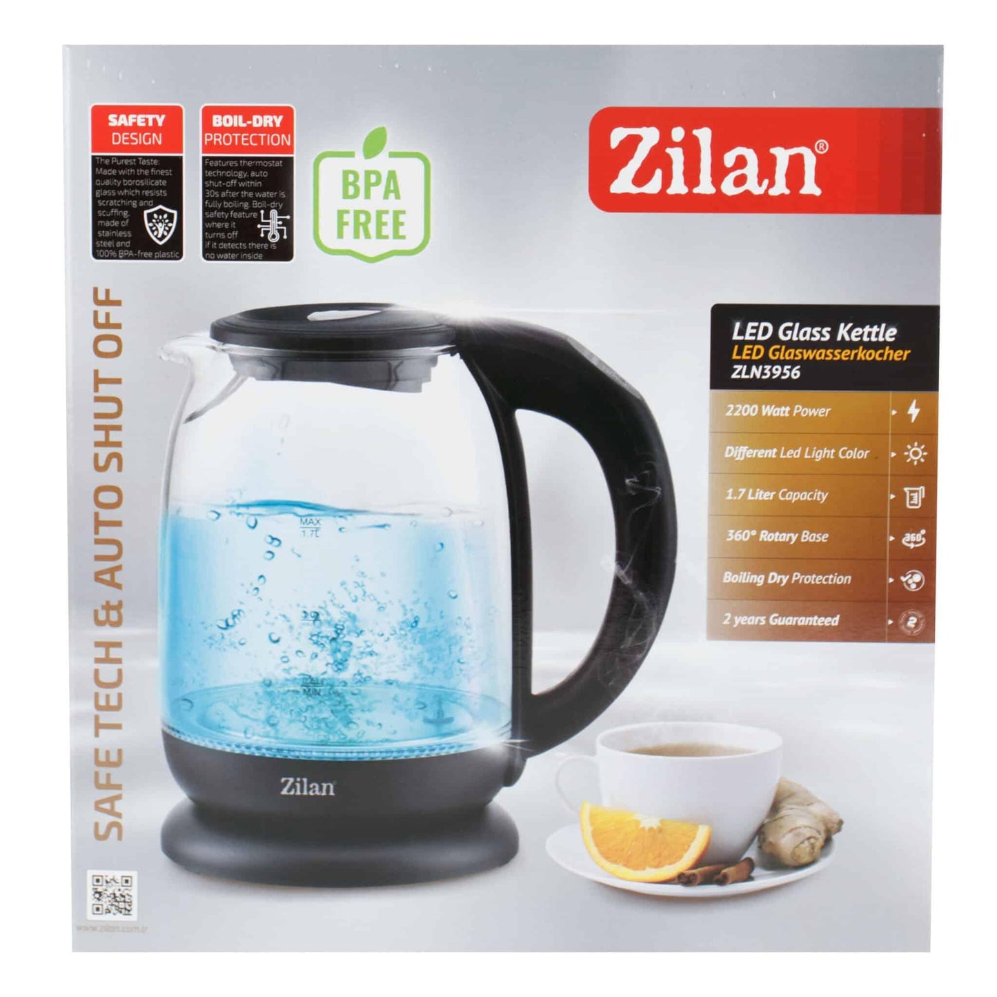 Fierbator electric sticla Zilan cu iluminare LED, temperatura controlata, 1.7l, 2200W / ZLN 3956 - 221.ro