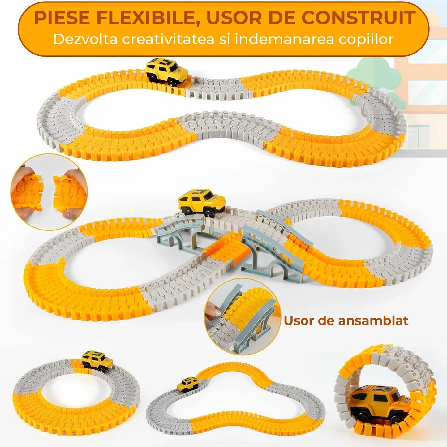 Set Pista de Curse si Constructii 260 Piese, 2 Masinute Electrice