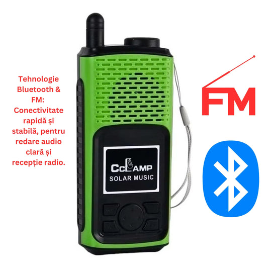 Difuzor Bluetooth Multifuncțional Solar cu Radio FM, Flashlight, USB & TF Card, Wireless - Green