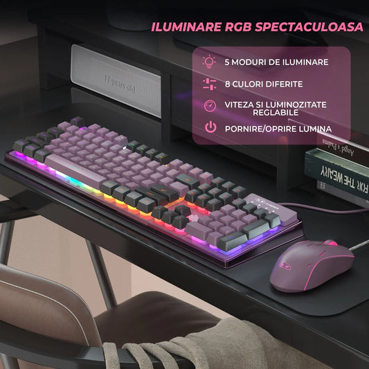Kit Gaming TimeBox – Tastatura Full Size cu Carcasa Transparanta si 19 Taste Anti-Ghosting, 8 Culori RGB, Lumina Reglabilă, Mouse cu Iluminare LED 7 Culori si DPI Reglabil, Ergonomic, Mov - 221.ro