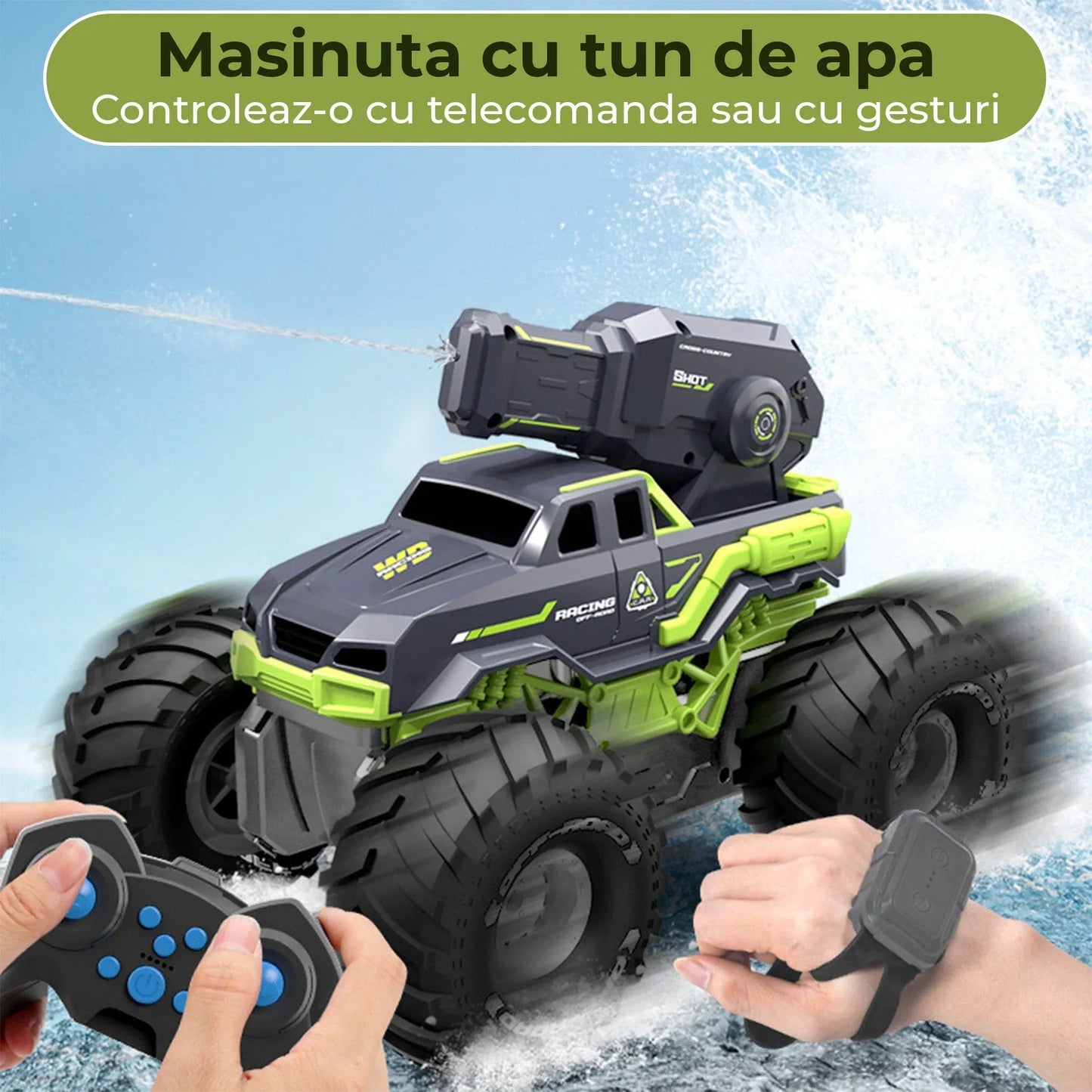 Masina RC 3-in-1 Timebox cu Jet de Apa si Control prin Gesturi – Monster Truck Stunt Off-Road & Barca Telecomandata 4x4, Rotatie 360°, Rezistenta la Apa, Cadou Interactiv pentru Copii 6-12 Ani, Verde - 221.ro