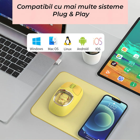 Mouse wireless Timebox, 2,4G + Bluetooth, Silentios, Scroll tactil, 1600 DPI, USB, Baterie reincarcabila, Design ergonomic, Potrivit pentru fete si baieti, Compatibil Windows/Mac/Android, Galben - 221.ro