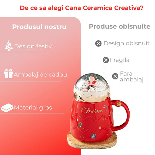 Cana ceramica cadou cu tematica de Craciun, Snow-globe, Capac & maner, Rosu