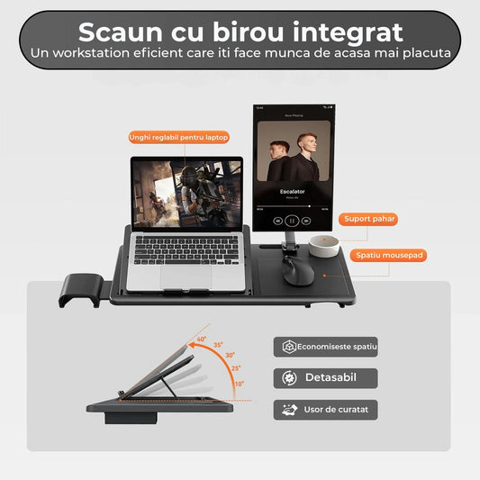 Scaun ergonomic birou 2 in 1, Cu suport picioare, Spatar inclinabil, Tetiera auto-follow, Cotiere 4D, Reglaj inaltime si adancime, Tavita laptop detasabila, Suport pahar, Plasa Mesh, Negru - 221.ro