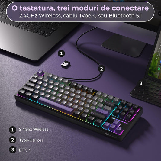 Tastatura Mecanica Gaming Timebox, 80%, Hot-Swap, Wireless, Gasket, Mov