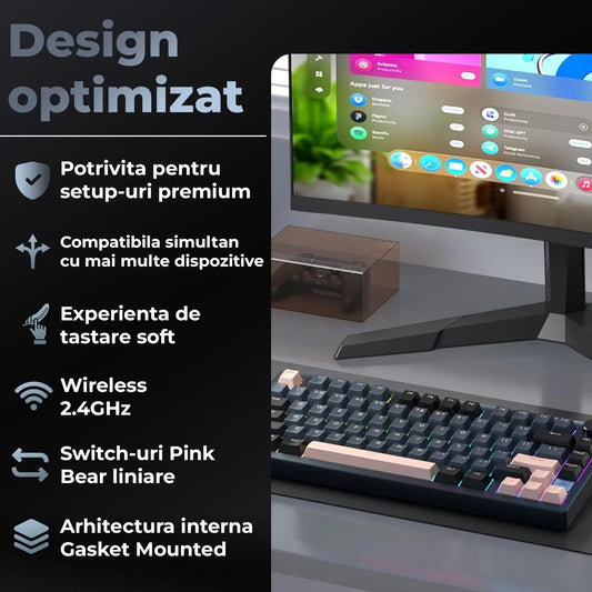 Tastatura Mecanica Wireless 75% Timebox, Hot-Swap, Gasket, Negru