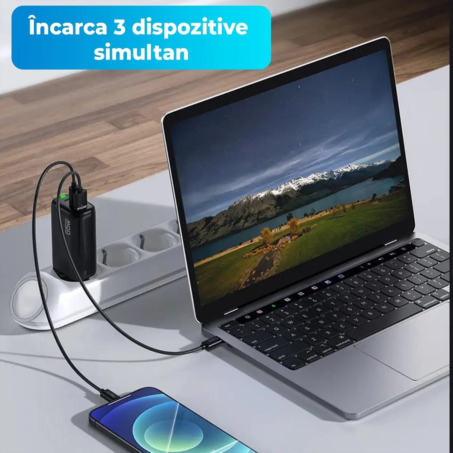 Incarcator Retea, 3 porturi, 65W, 18 W Incarcare Rapida - USB, Priza EU, Negru