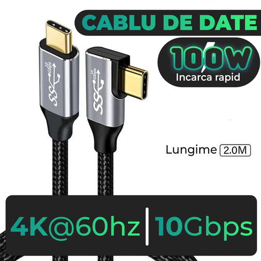 Cablu de date si Incarcare Rapida Timebox, Type-C la Type-C, 100W, 2m, USB3, Gri