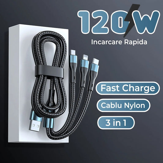 Cablu de date si incarcare Rapida Timebox, 3 in 1, 120W, Nailon, USB, Albastru