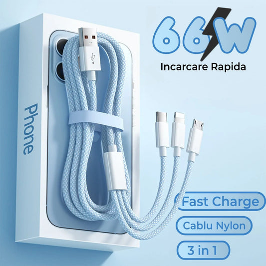 Cablu Date si Incarcare Rapida Timebox, 3 in 1, 66W, 1,2m, QC 3, USB, Albastru