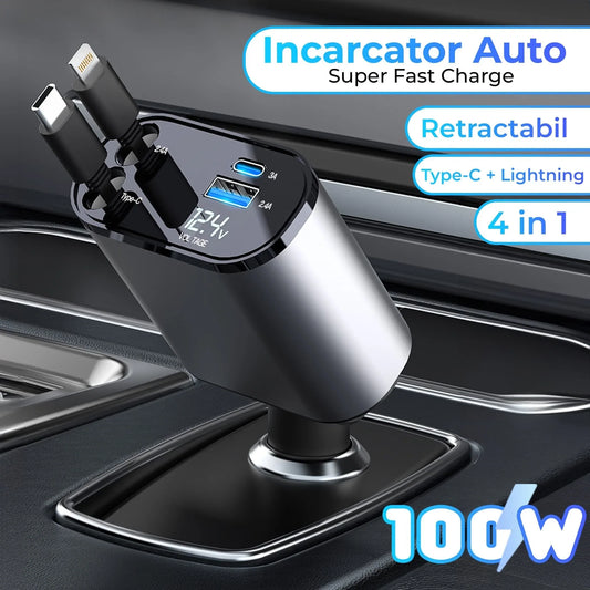 Incarcator auto 100W Super Fast Charge, Timebox, Cablu Retractabil Type-C + Lightning, Mufa USB, USB-C, Afisaj LED, Universal, Negru - 221.ro