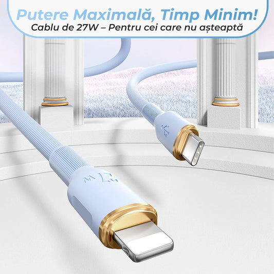 Cablu Date si Incarcare Rapida Timebox, USB-C la Lightning, 27W, 1,5m, Albastru