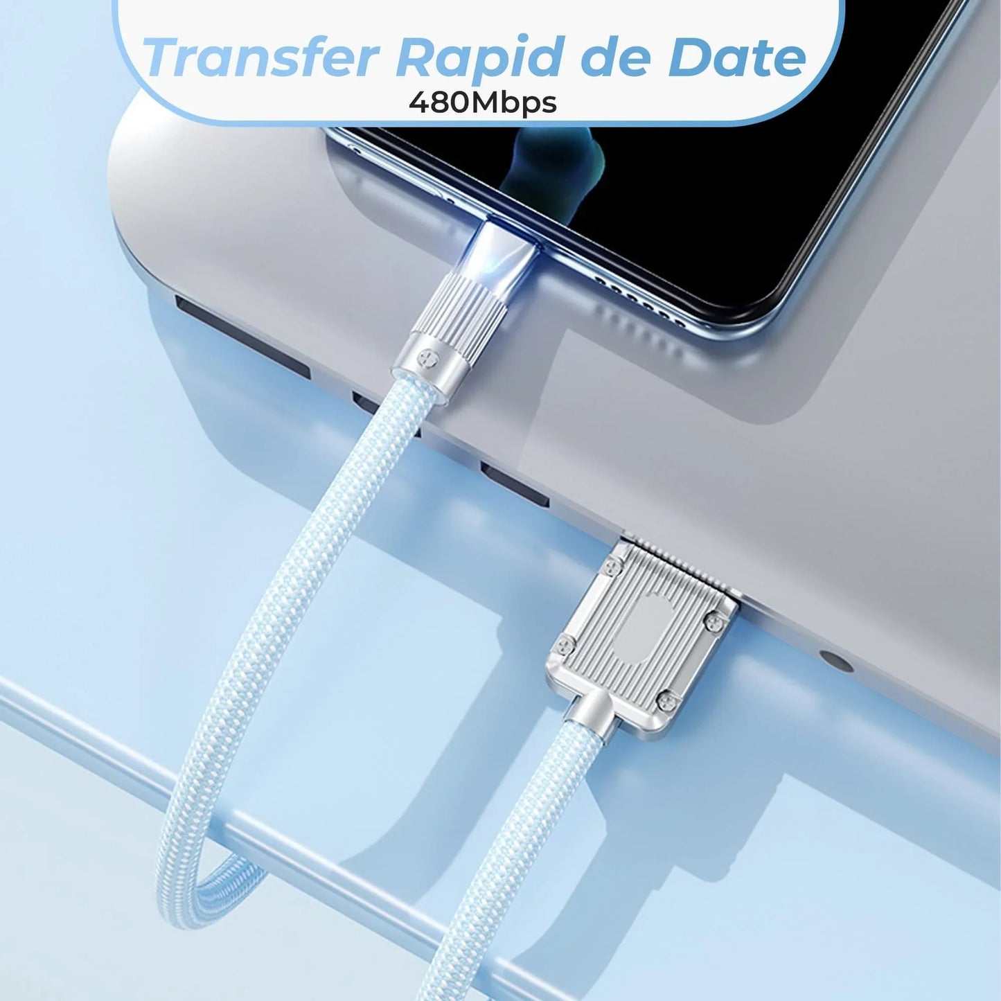 Cablu Date si Incarcare Rapida 120W Timebox, USB la Type-C, 1 m, LED, Albastru