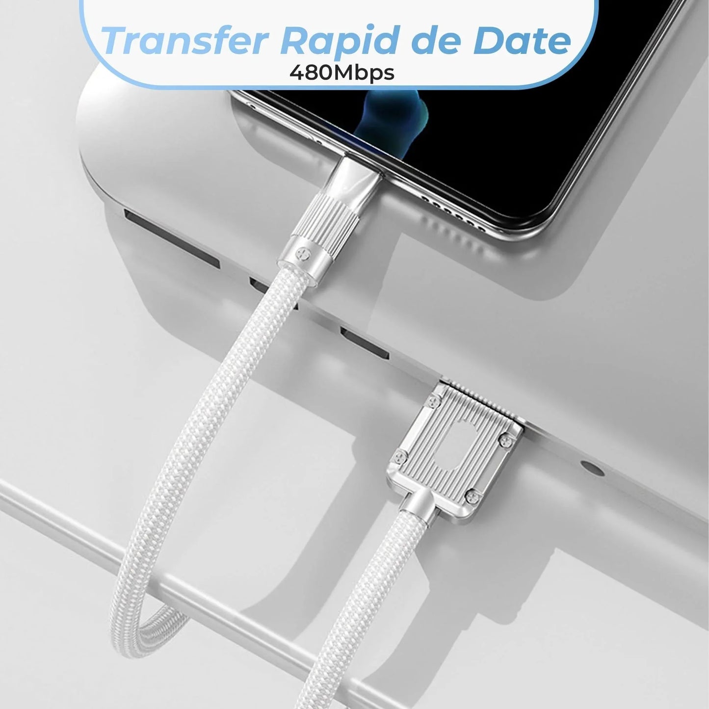 Cablu Date si Incarcare Rapida 120W Timebox, USB la Type-C, 1 m, LED, Alb