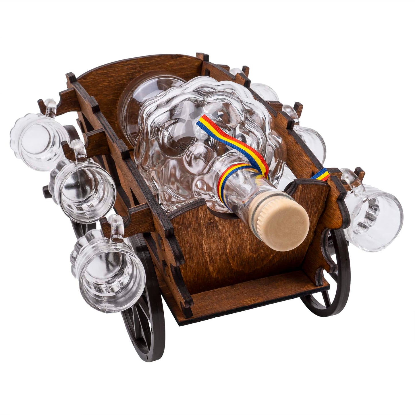 Set 6 pahare Shot cu sticla pe suport, model caruta / 4902