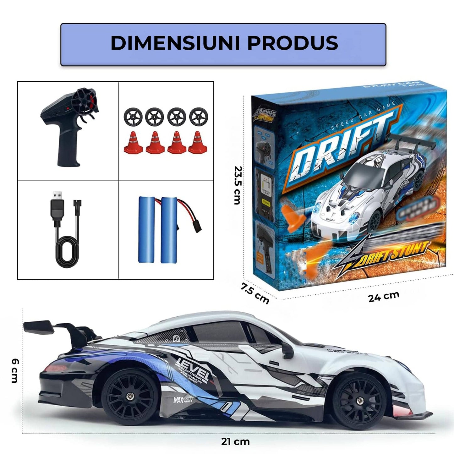 Masina RC cu Telecomanda Timebox, Drift Car 1:24, 4WD, 20km/h, LED-uri, Anvelope Inter-schimbabile, Baterie tip acumulator reincarcabila, Design Sportiv, Jucarie Cadou Ideal pentru Copii si Adulti +7 ani, Gri